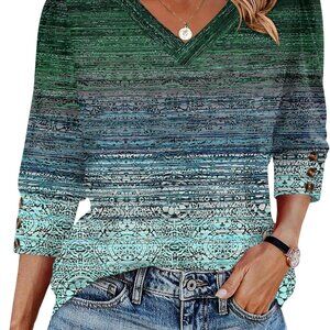 Elegant Women's 3/4 Sleeve V Neck Blouse with Button Cuffs - Green Blue Ethnic
